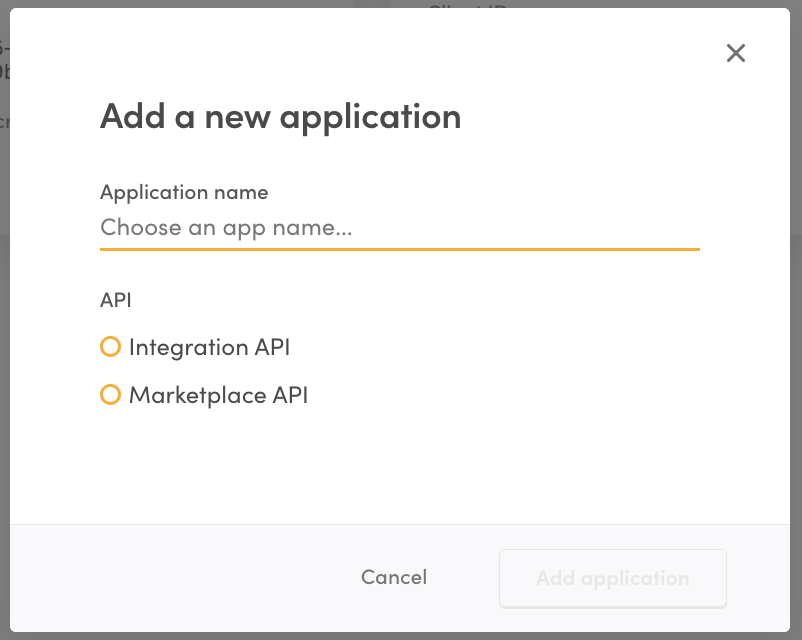 Screenshot of the "Add a new application" modal